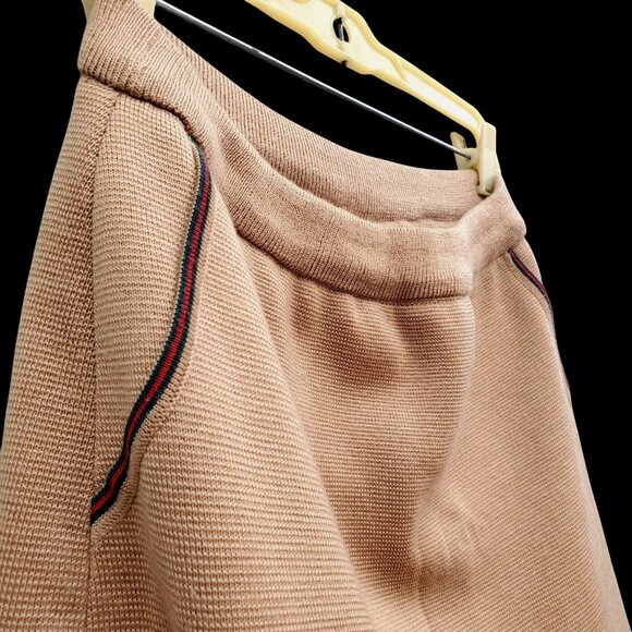 Vintage 60s 70s Wool Double-Knit Camel Skirt M Red Green Trim Pink Lining - Picture 5 of 11